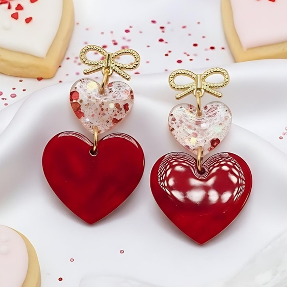 Red Heart Dangle Earrings with Bow ๐ Sparkly Cute Holiday Valentineโs Day Gift - Picture 12 of 12